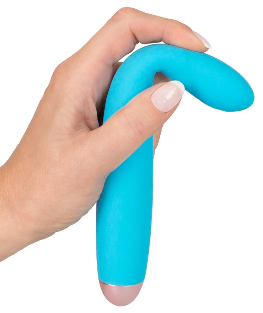 Blauer Taschenvibrator mit flexibler Spitze und roséfarbenem Ende, Ladekabel angeschlossen.