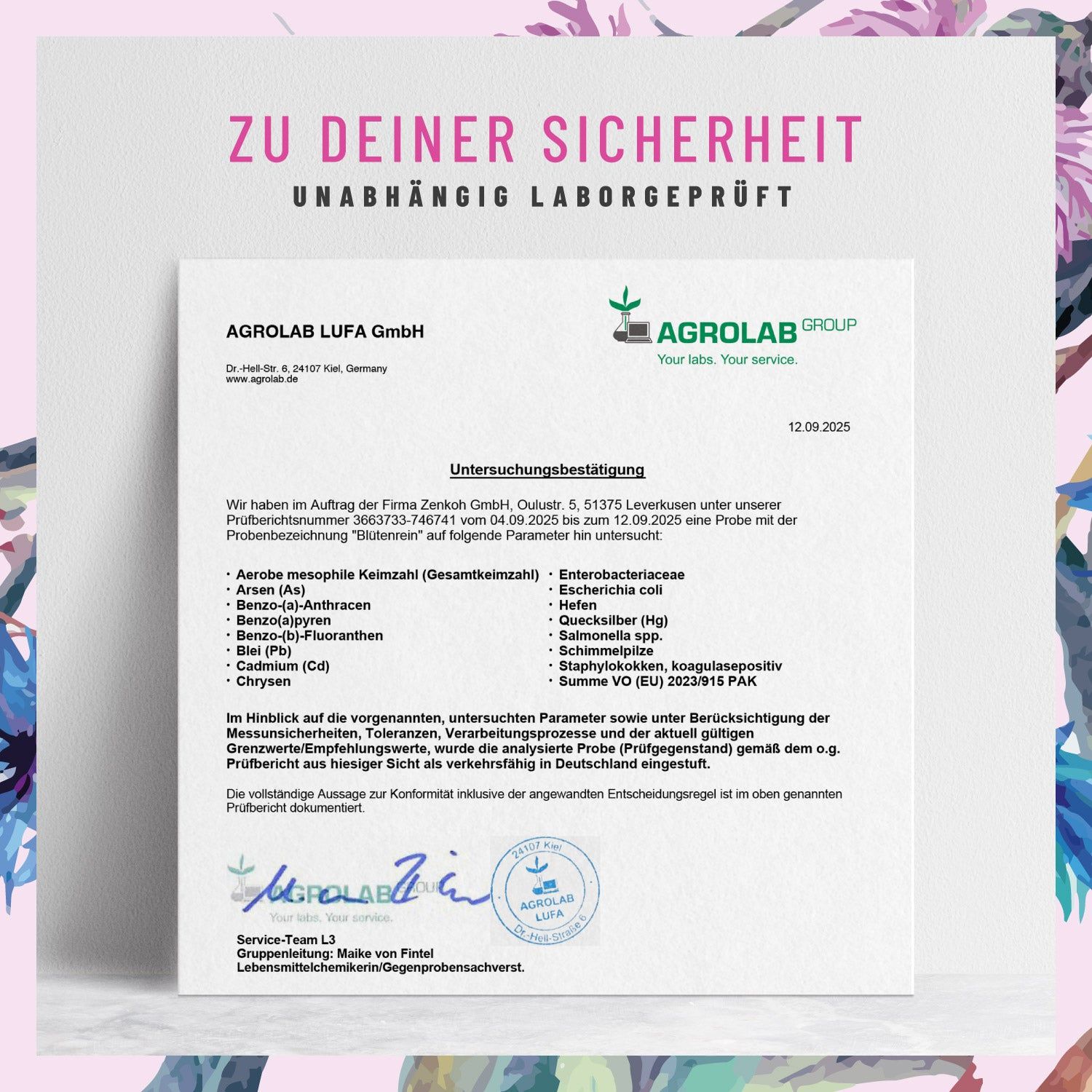 Zertifikat der Agrolab LUFA GmbH. Unterschrift, Datum: 12.09.2025. Auflistung von Parametern, z.B. Bakterien.