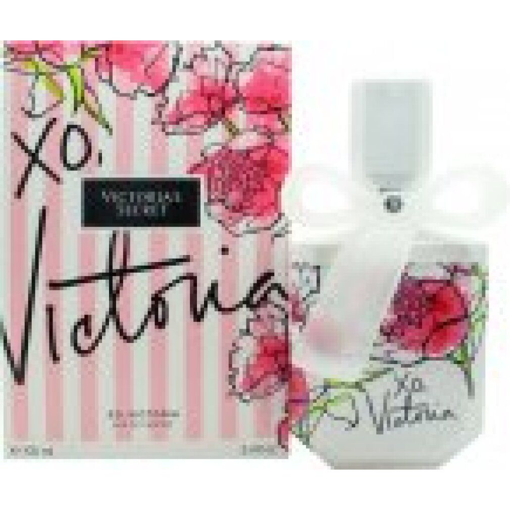 Parfümflakon und Verpackung. Flakon mit floralem Muster und Schleife. Text: XO, Victoria, Victoria's Secret.