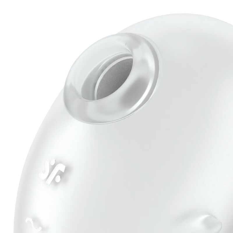 Nahaufnahme der Öffnung eines weißen Silikon-Vibrators. Zeigt die klare Silikonlippe und das Innere.