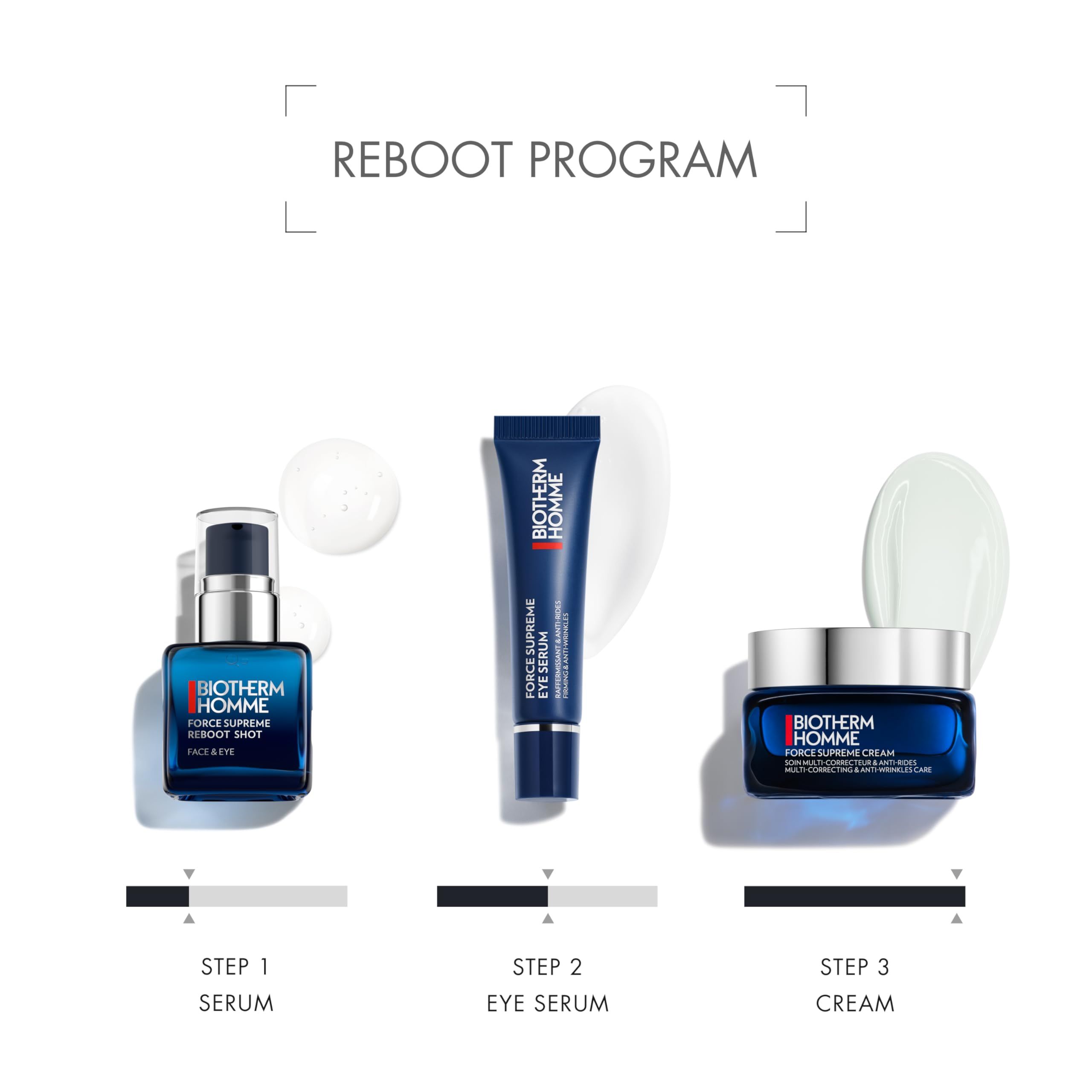 BIOTHERM HOMME FORCE SUPREME EYE SERUM Tube und Faltschachtel.