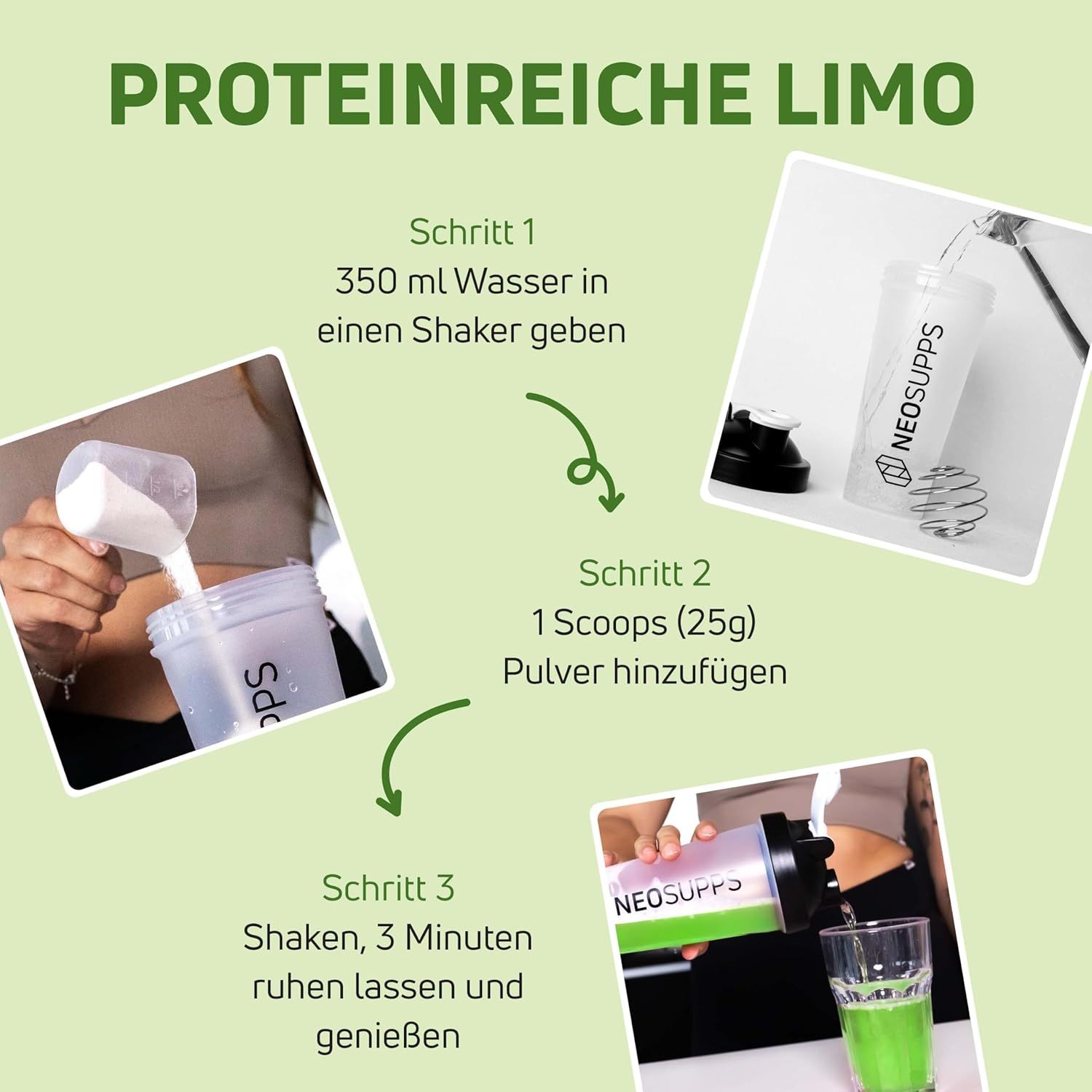 Anleitung zur Zubereitung. Wasser in Shaker geben, Pulver hinzufügen, schütteln. Grüner Hintergrund.