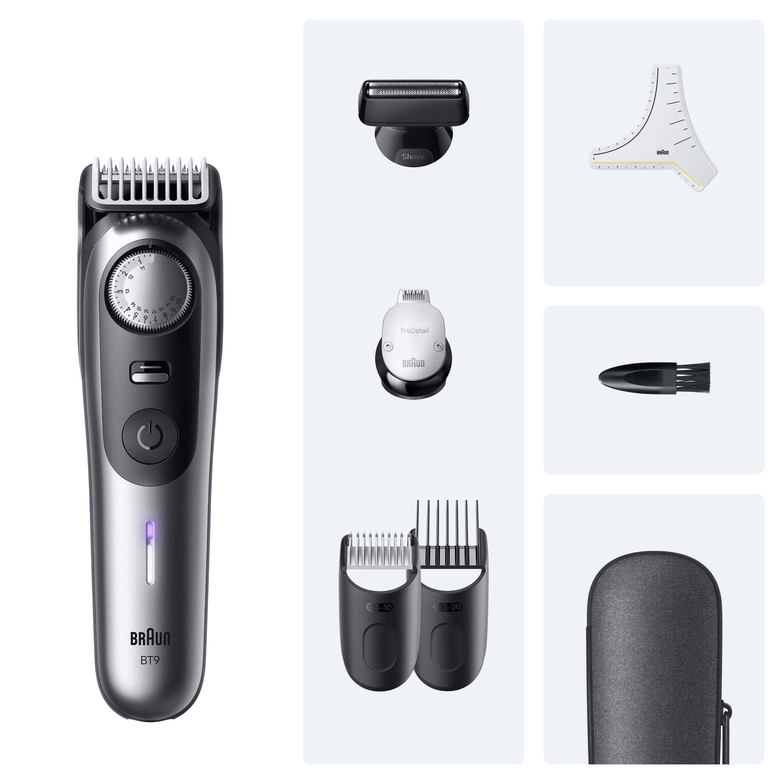 Braun Barttrimmer Series 9 BT9520 und separat dargestelltes Zubehör.