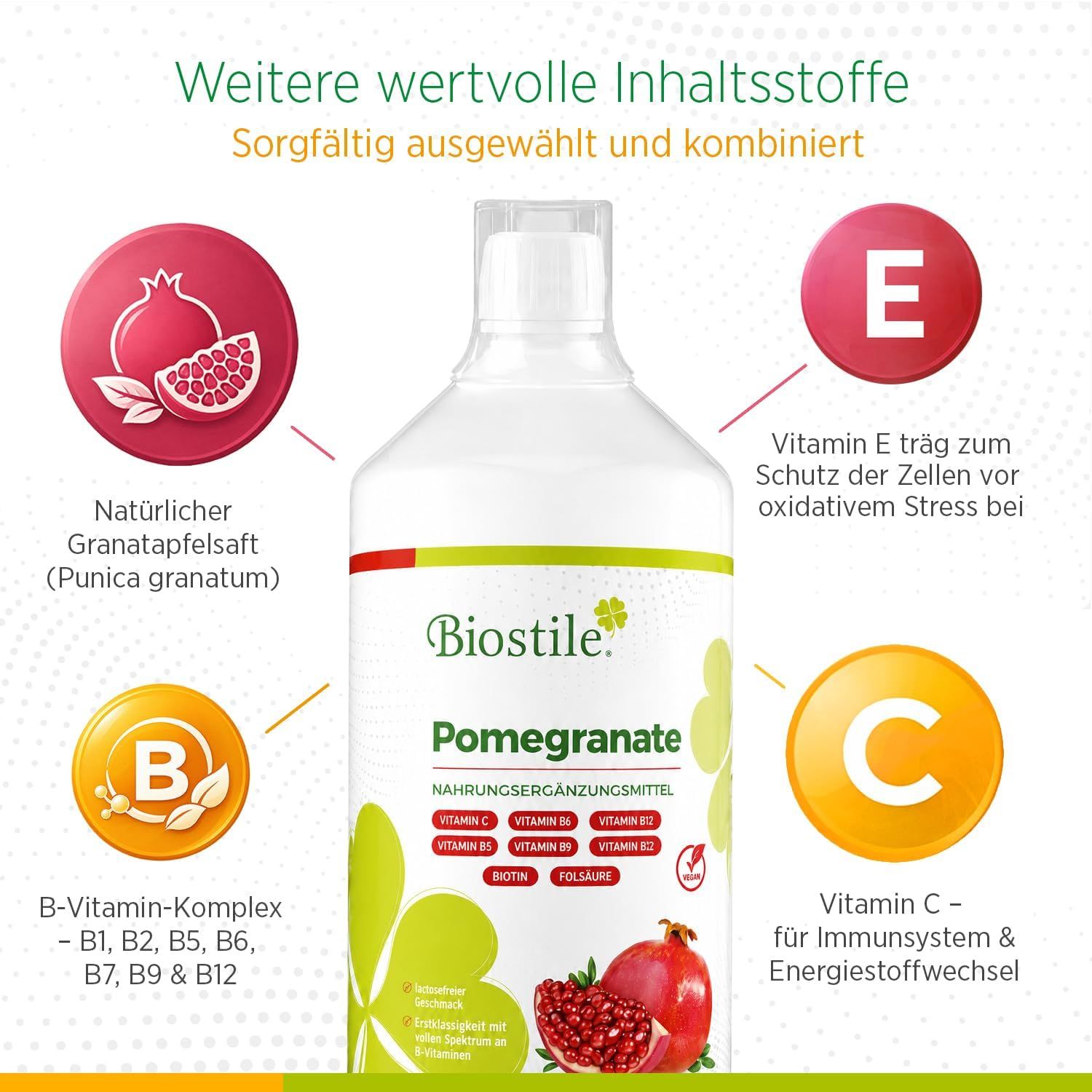 Biostile Granatapfelsaft Flasche. Enthält B-Vitamine, Vitamin C und E.