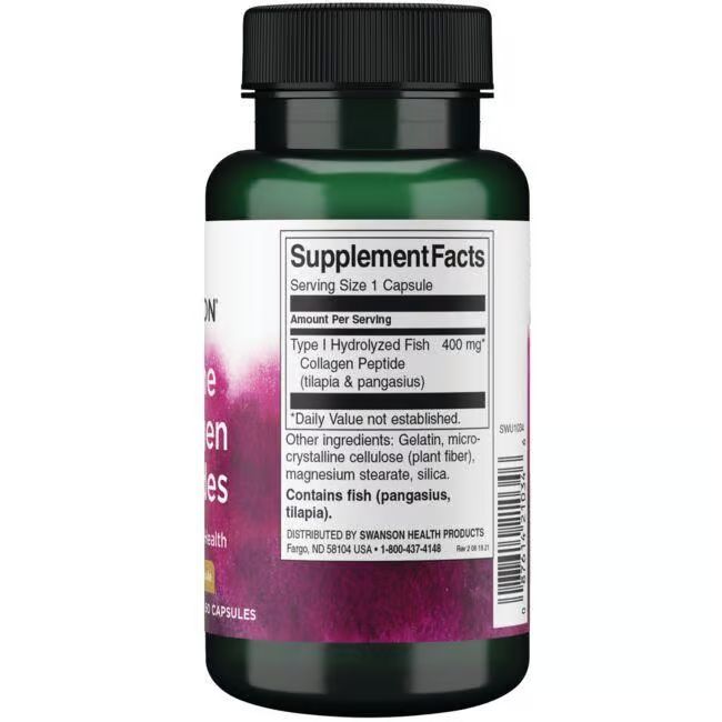 Rückseite der Flasche. Aufschrift: Supplement Facts. Enthält Fisch (Tilapia & Pangasius).