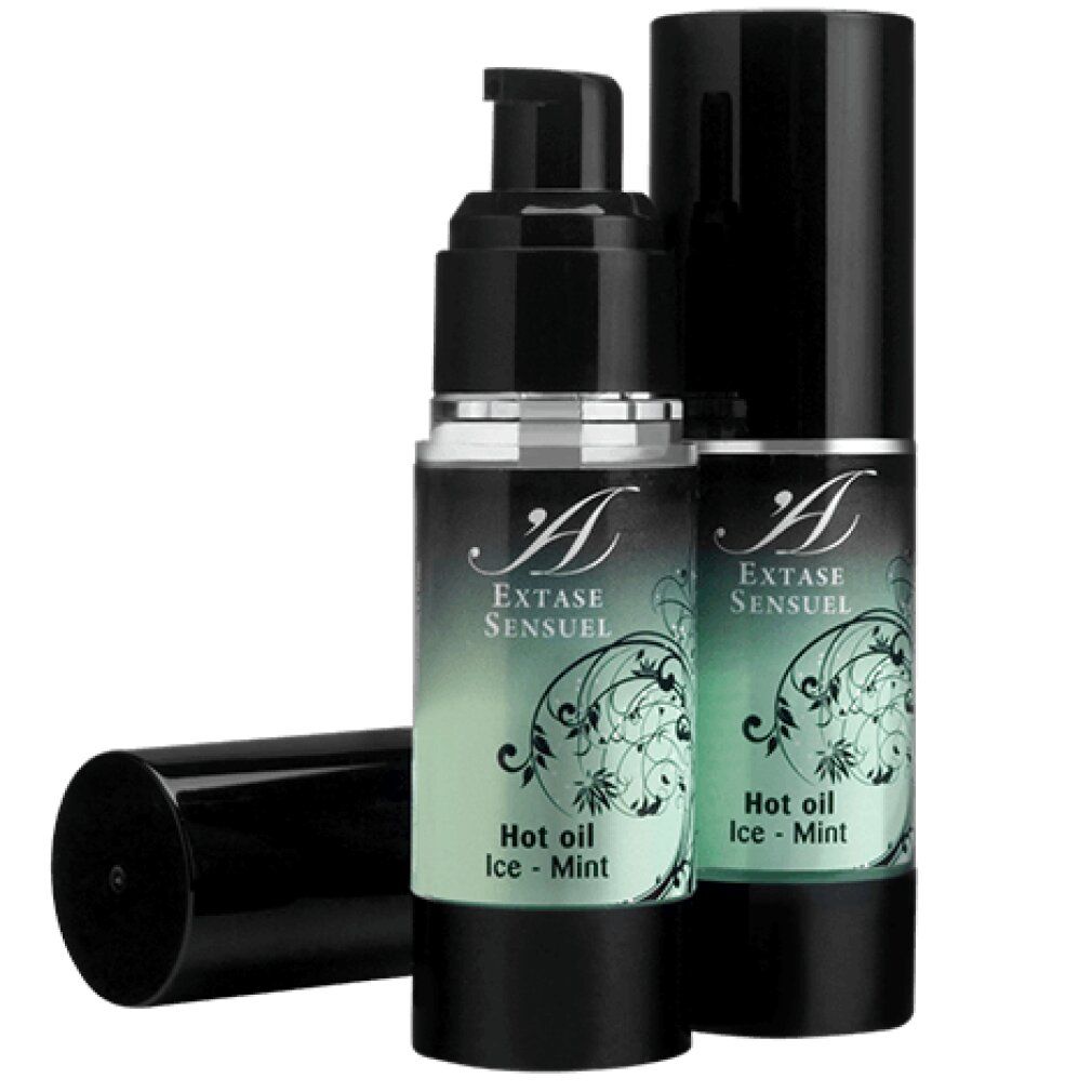 Zwei Flaschen mit Pumpspender und eine liegende Flasche mit Deckel. "Extase Sensuel Hot oil Ice-Mint" Aufschrift.