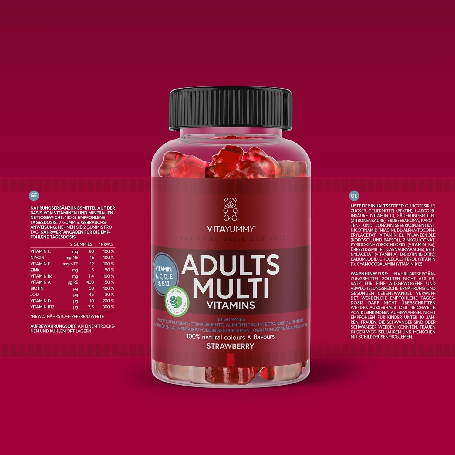 VitaYummy Multivitamin Gummibärchen Flasche mit Aufschrift: Adults Multi Vitamins. Inhaltsstoffliste. Vitamin- und Mineralstofftabelle.
