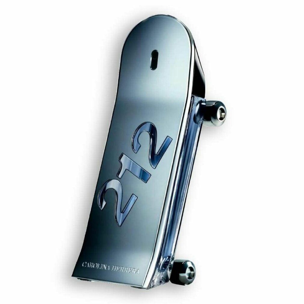 Silberfarbener Flakon in Skateboard-Form. Geprägt: "212". Schriftzug: "Carolina Herrera".