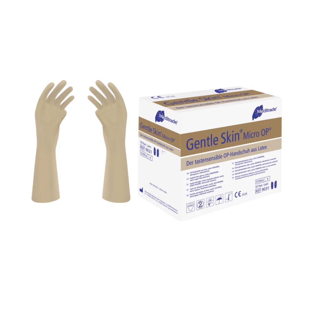 Beige Latexhandschuhe mit Stulpen, daneben eine weiße Box mit Produktinformationen.