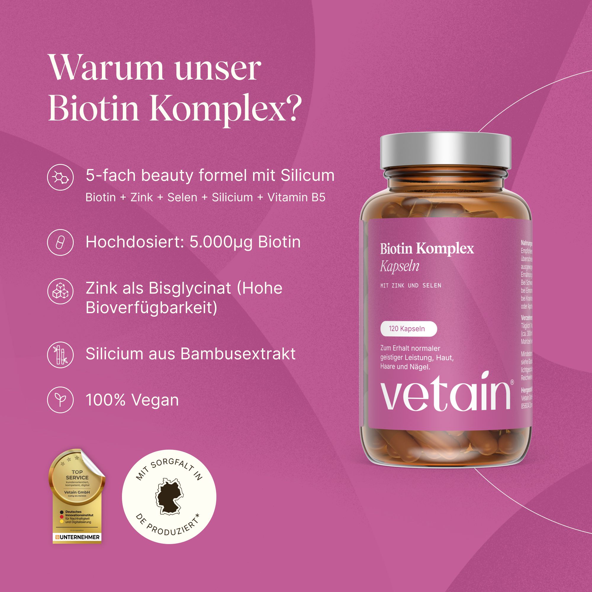 Flasche mit Biotin Komplex Kapseln, 120 Kapseln, Marke Vetain.