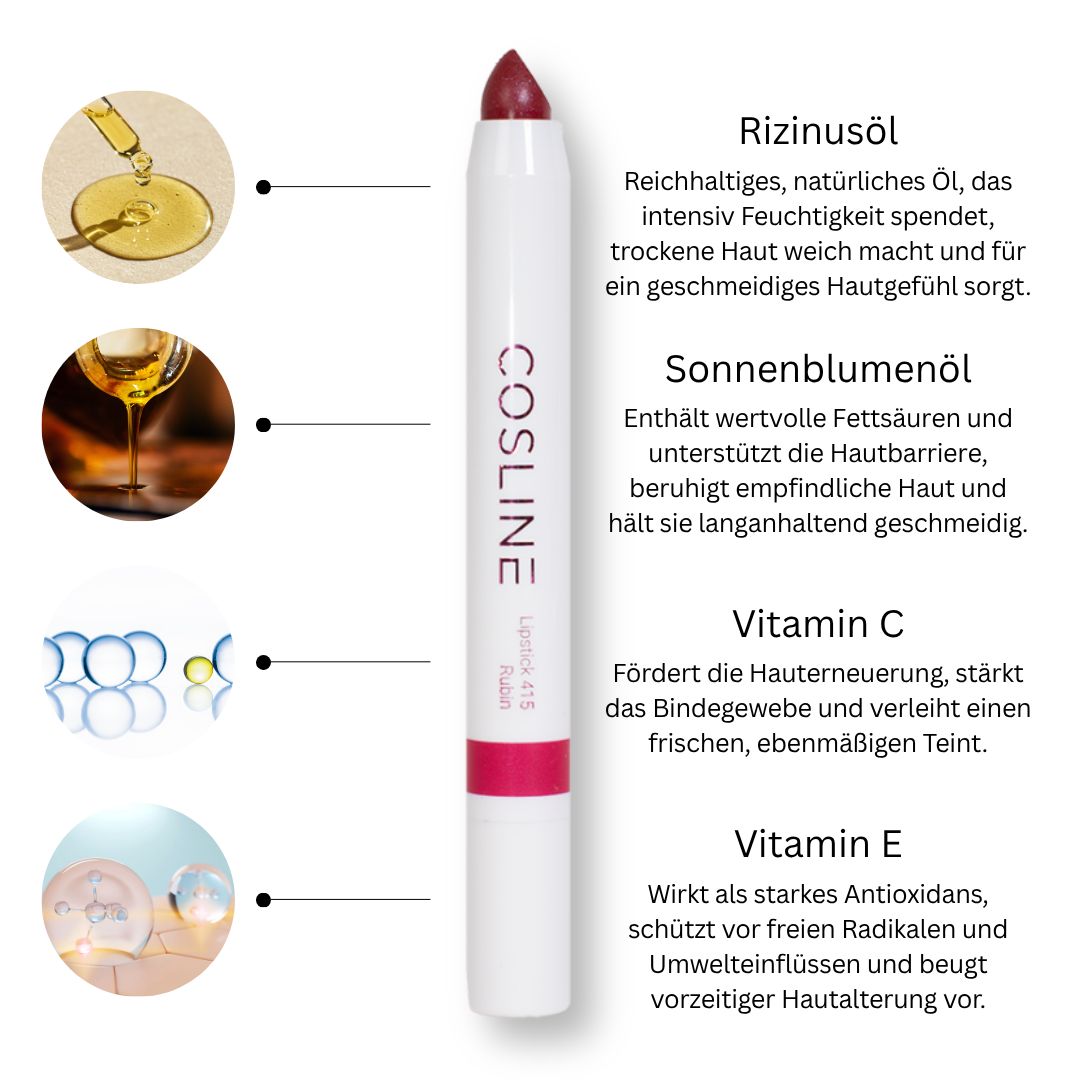 Weißer Lippenstiftstift mit roter Spitze. Text: Cosline Lippenstift, Lipgloss 415, mit Inhaltsstoffen wie Rizinusöl, Sonnenblumenöl, Vitamin C und E.