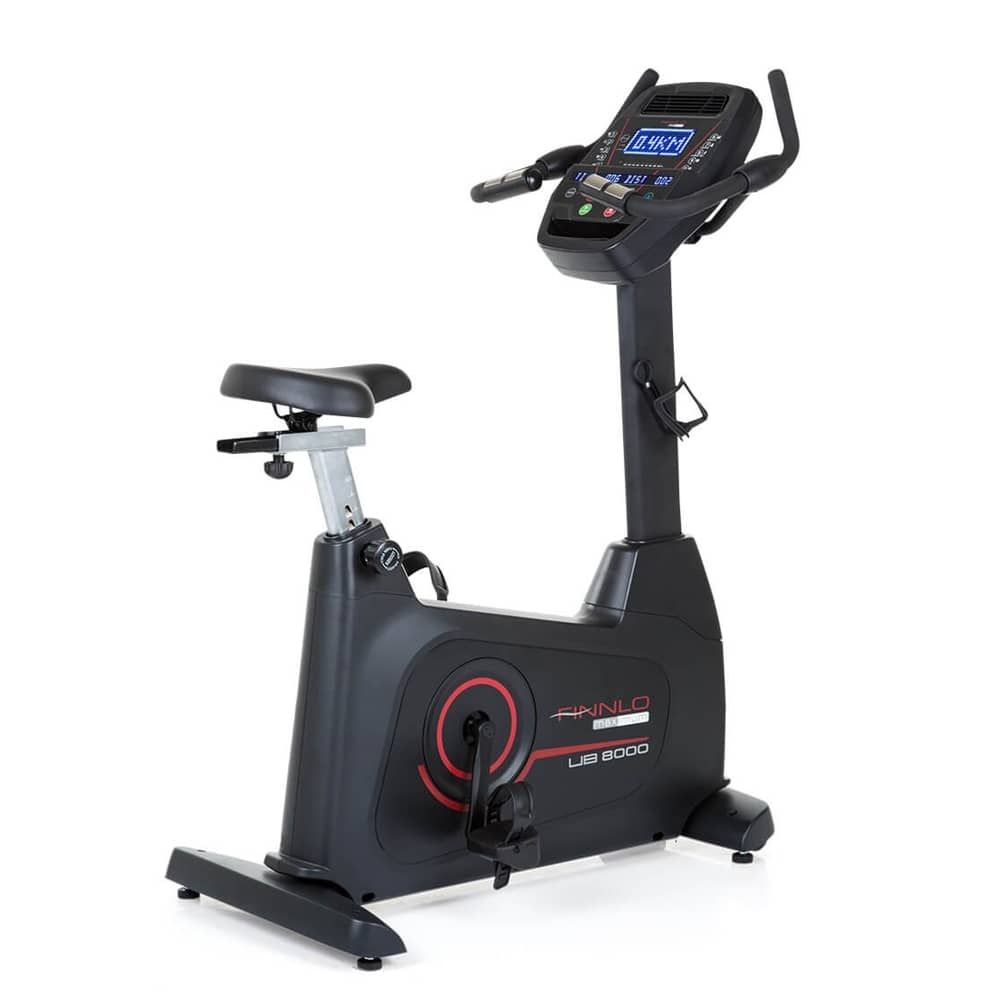 Ergometer in Schwarz. Mit Display, Sattel, Pedalen und Griffen. Marke Finnlo, Modell LB 8000.