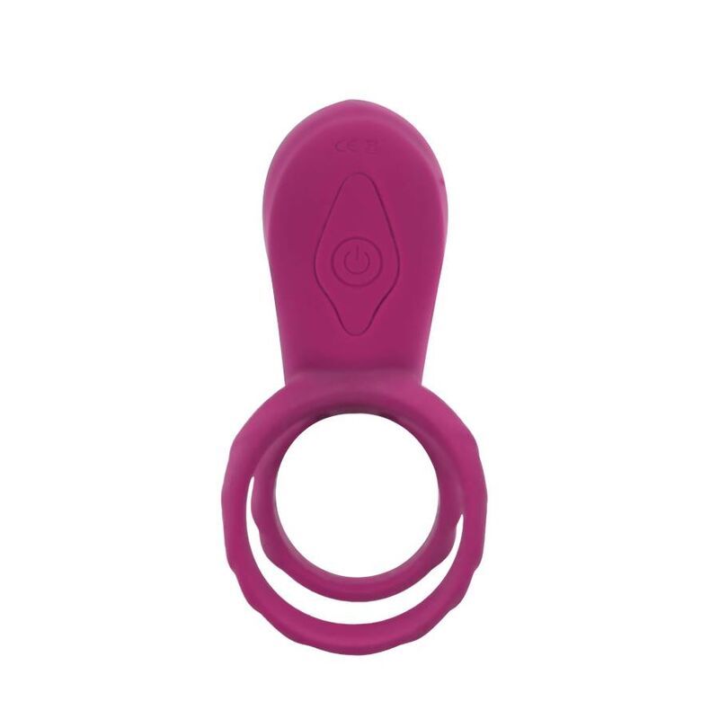 Lila Paar-Stimulationsring, Draufsicht. Zwei Ringe, verbunden durch einen gebogenen Teil mit einem Knopf. Der Knopf ist mit einem Symbol versehen.