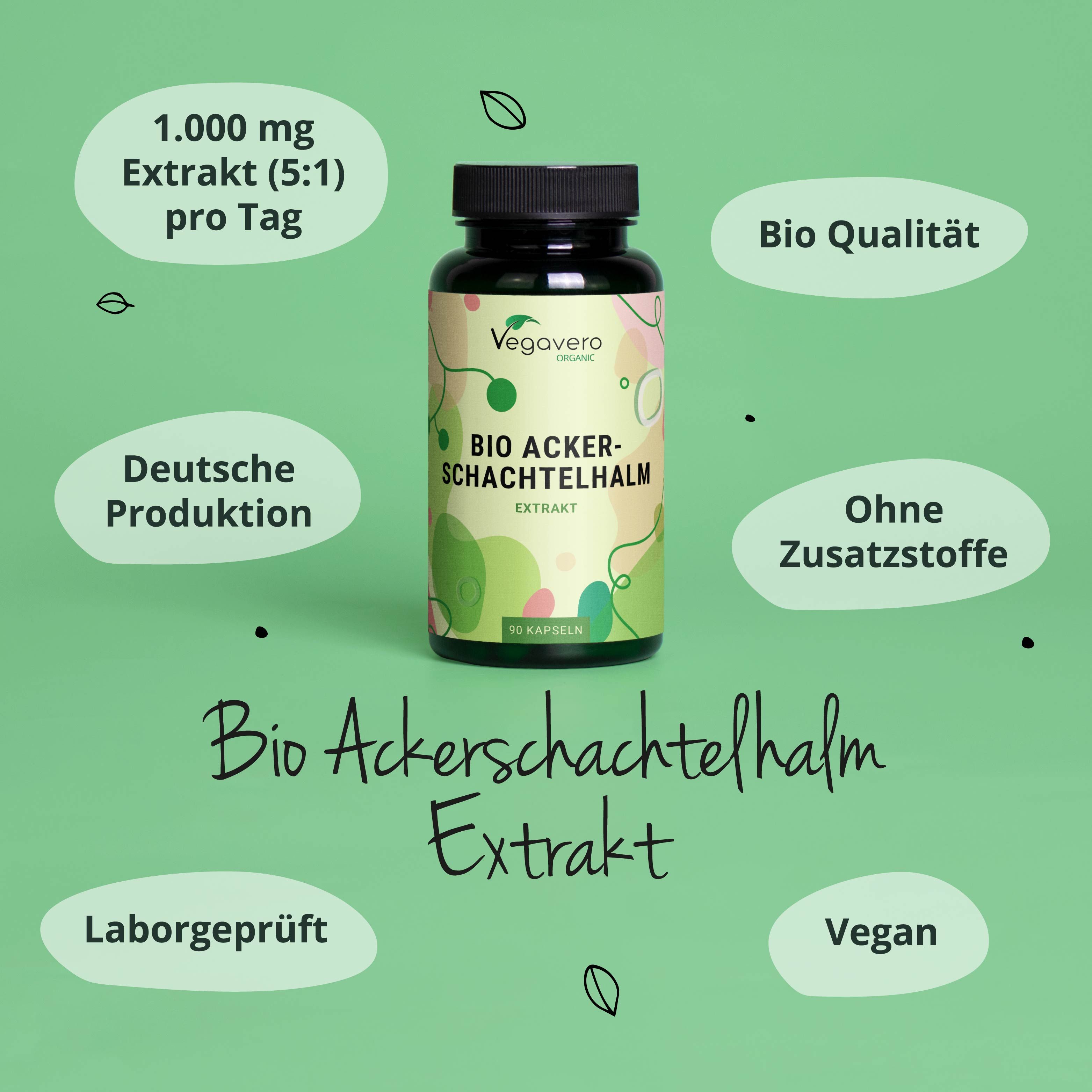 Flasche mit Kapseln. Aufschrift: BIO ACKERSCHACHTELHALM EXTRAKT. Marke: Vegavero. Zusätzliche Informationen.
