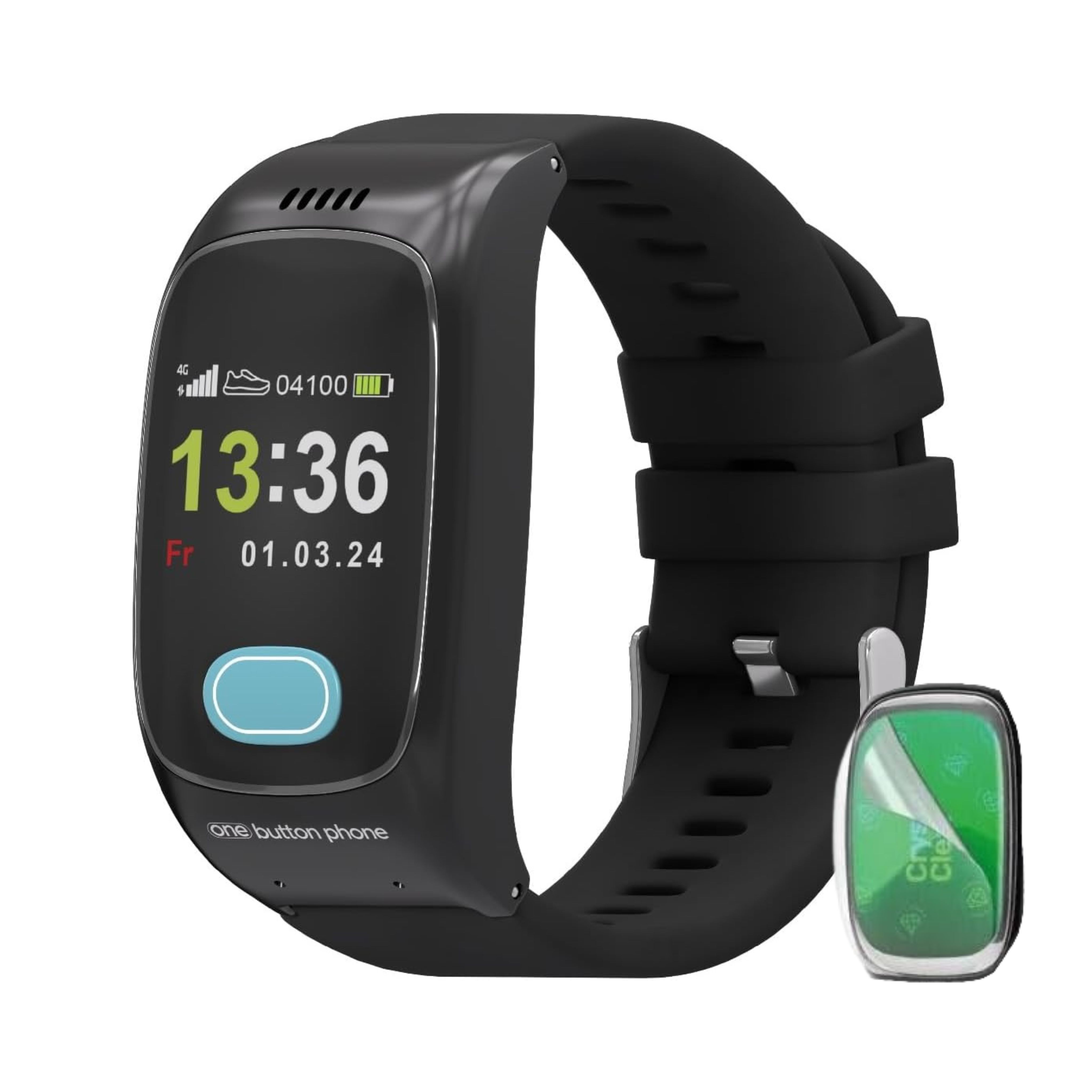 Schwarze Smartwatch mit digitaler Anzeige. Zeigt Uhrzeit, Datum und Akku-Informationen. Kleineres Gerät mit Displayschutzfolie.