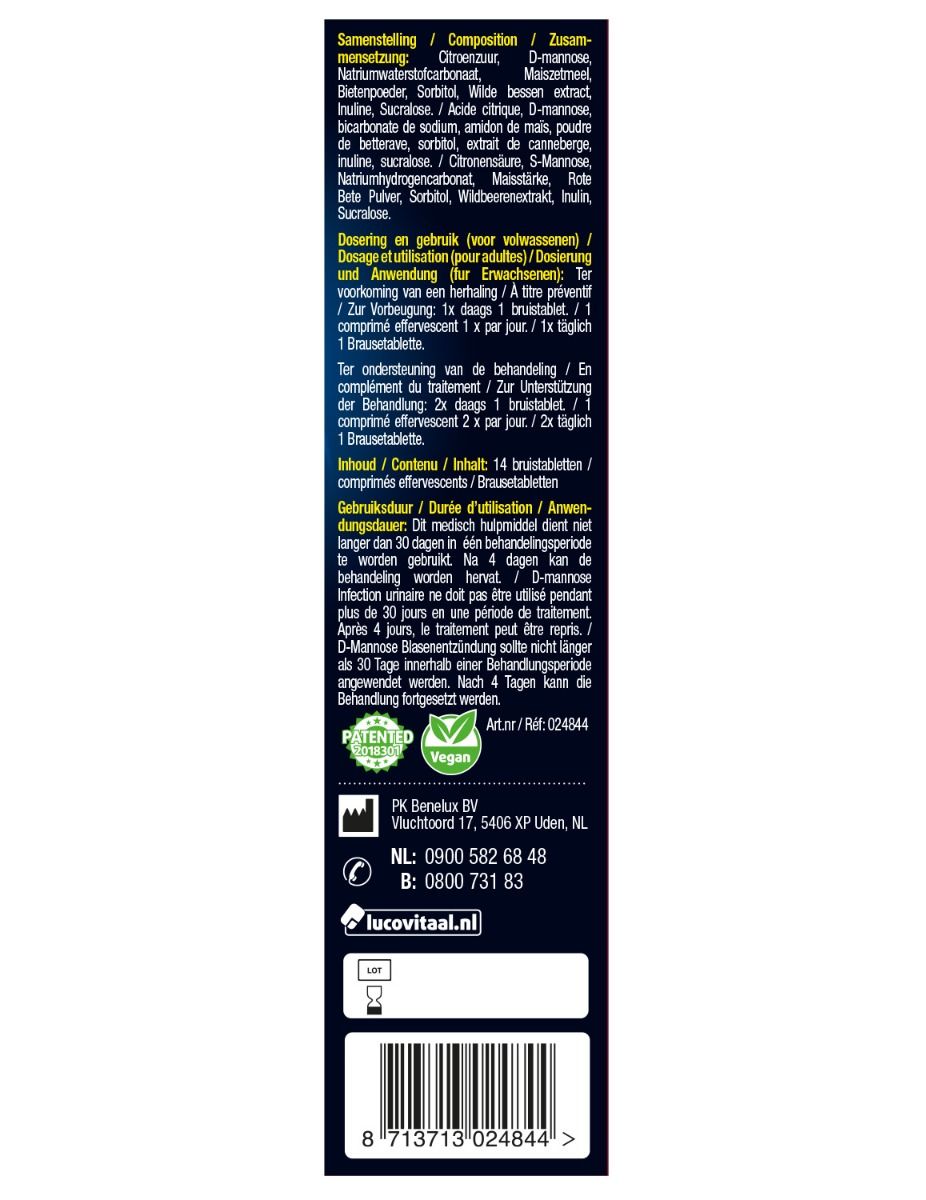 Rückseite einer Verpackung mit Zusammensetzung, Dosierung und Anwendungshinweisen für D-Mannose Brausetabletten.