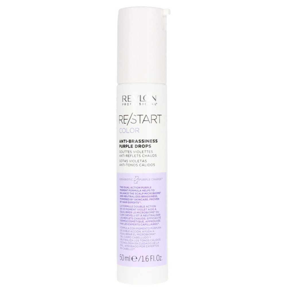 Weiß-lila Flasche mit Produkttext: Revlon Re-Start Color Anti-Brassiness Purple Drops. 50ml/1.6 fl.oz.