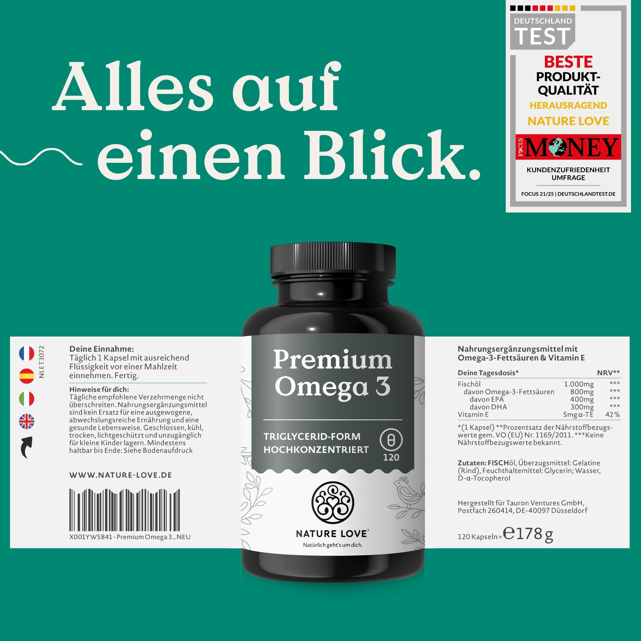 Dose 'Premium Omega 3' mit Etiketten. Text: Alles auf einen Blick. Siegel: "Deutschland Test", "Beste Produkt-Qualität".