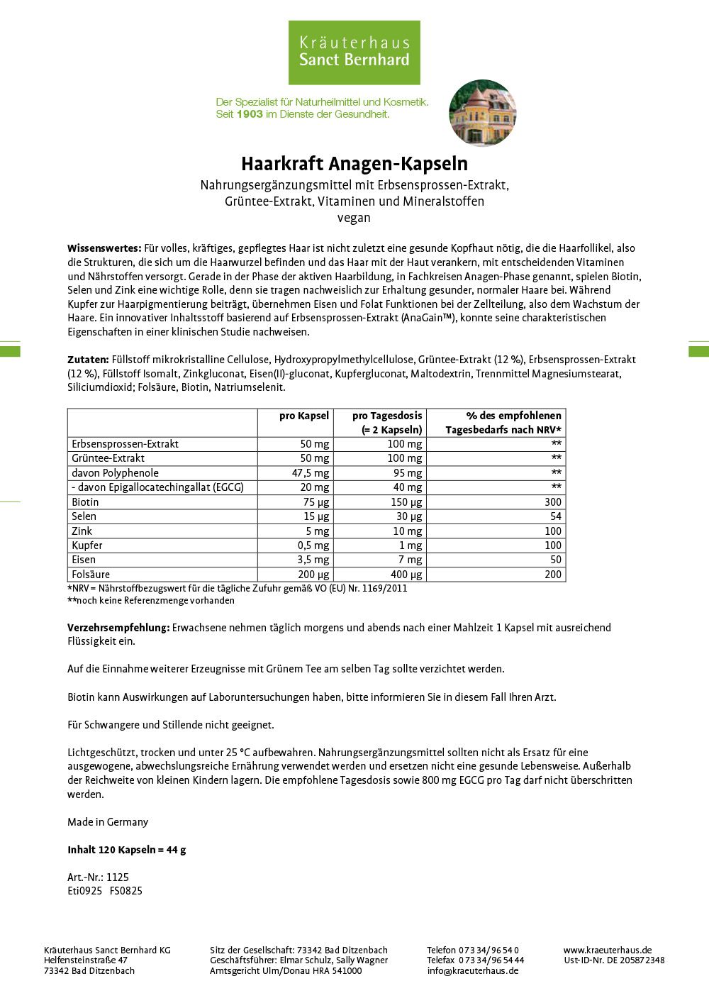 Produktinformationen zu Haarkraft Anagen-Kapseln. Text auf weißem Hintergrund mit Inhaltsstoffen und Nährwertangaben.
