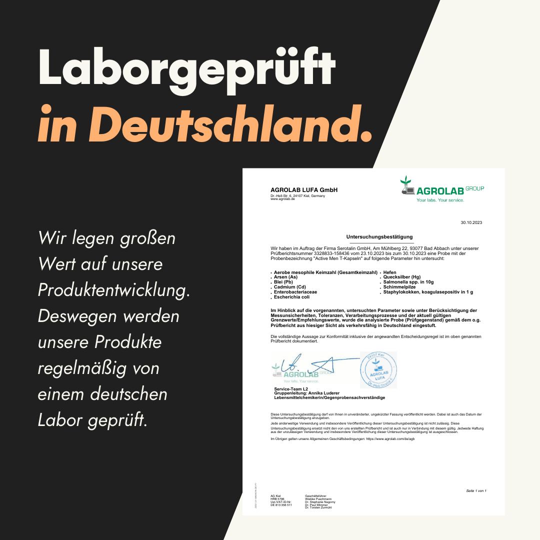 Zertifizierungsdokument von AGROLAB LUFA GmbH. Text: Laborgeprüft in Deutschland. Wir legen Wert auf unsere Produktentwicklung.