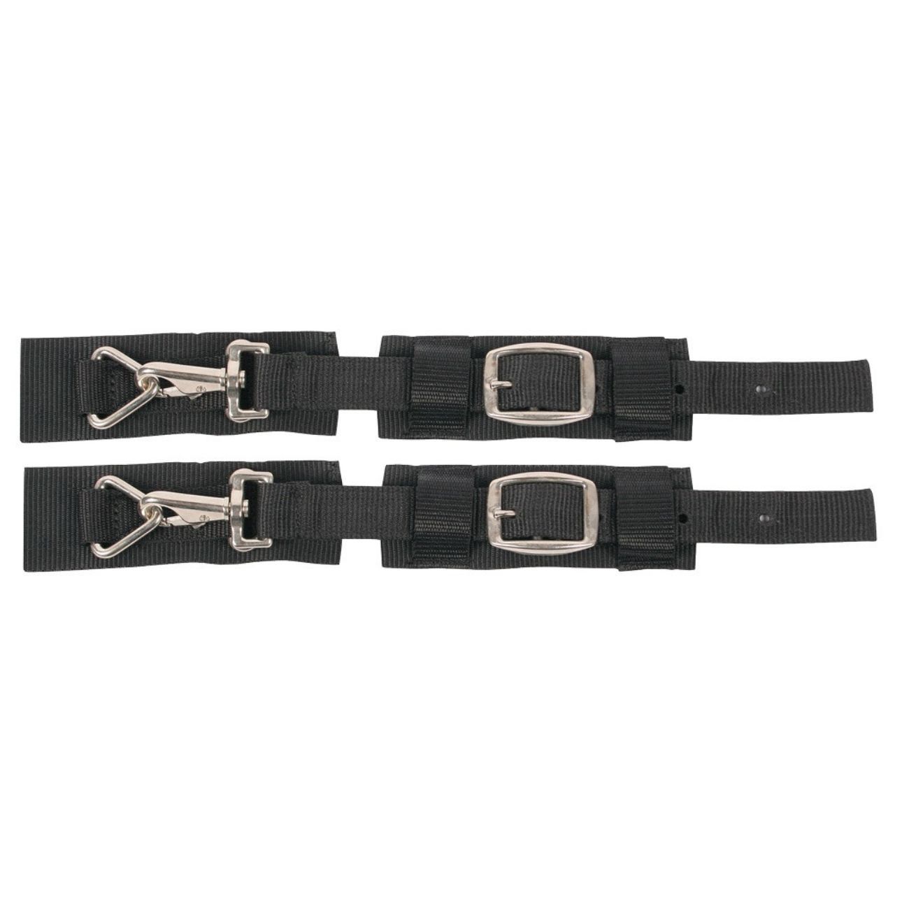 Zwei schwarze Deckenverschlüsse mit Schnallen und Karabinerhaken.