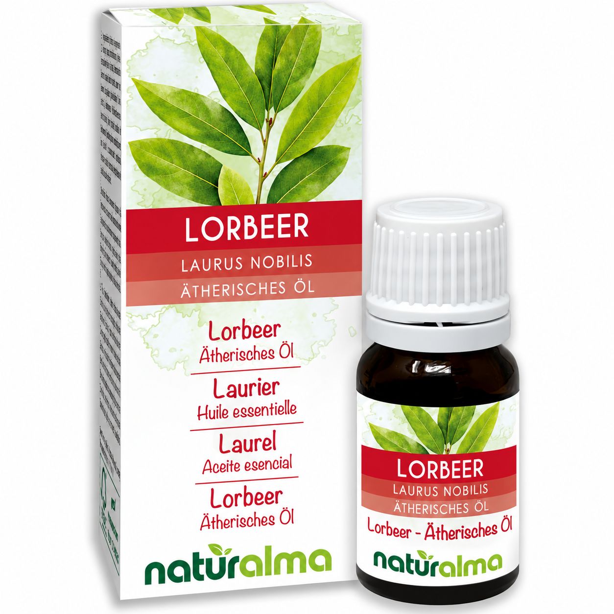 Naturalma Lorbeer Ätherisches Öl Flasche und Kartonverpackung mit Lorbeerblättern.