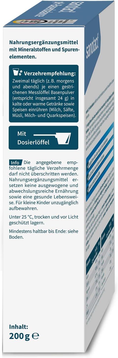 Seitenansicht der sanotact pH-Basenbalance Pulver-Verpackung. Enthält Informationen zur Dosierung und Aufbewahrung.