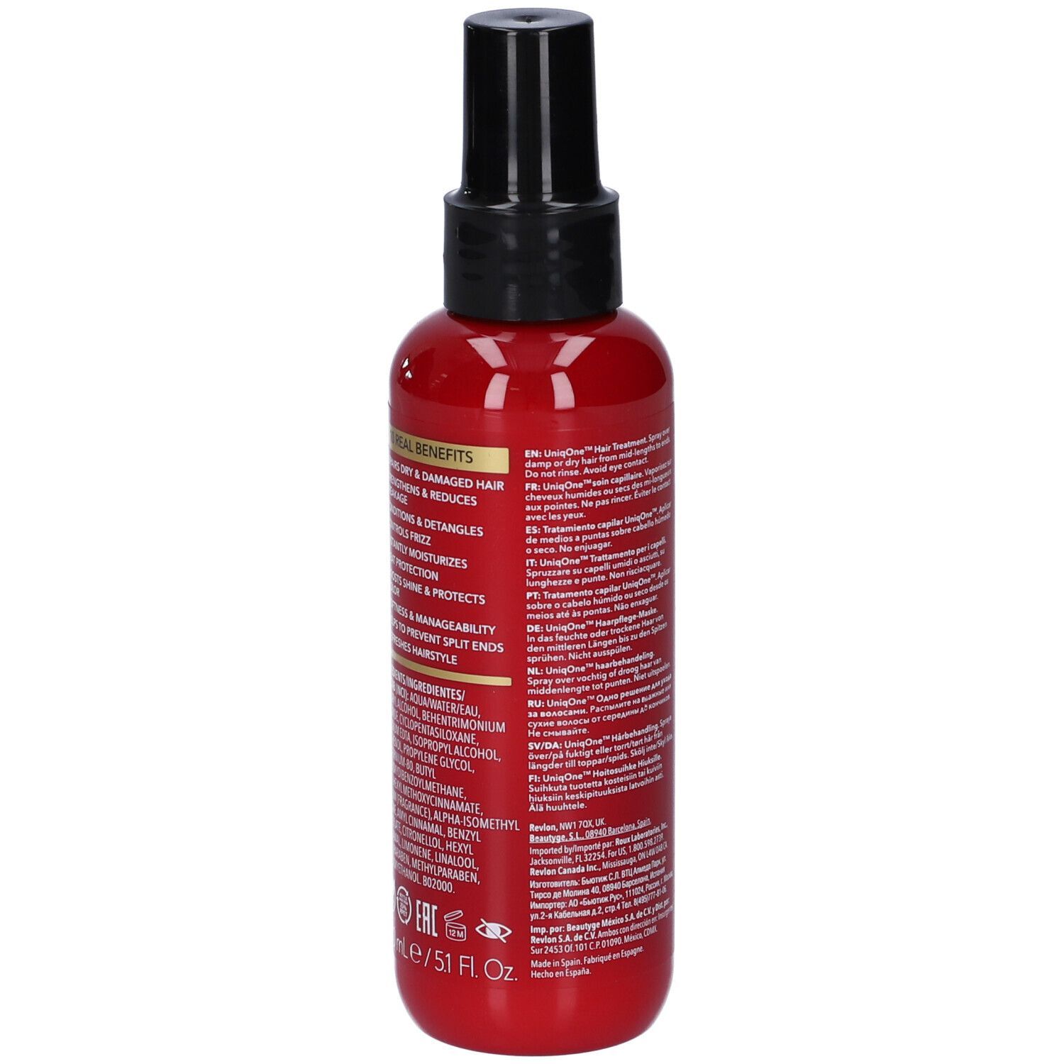 Rote Flasche mit schwarzem Sprühkopf. Rückseite mit Text. Aufschrift: Uniq One, Hair Treatment.
