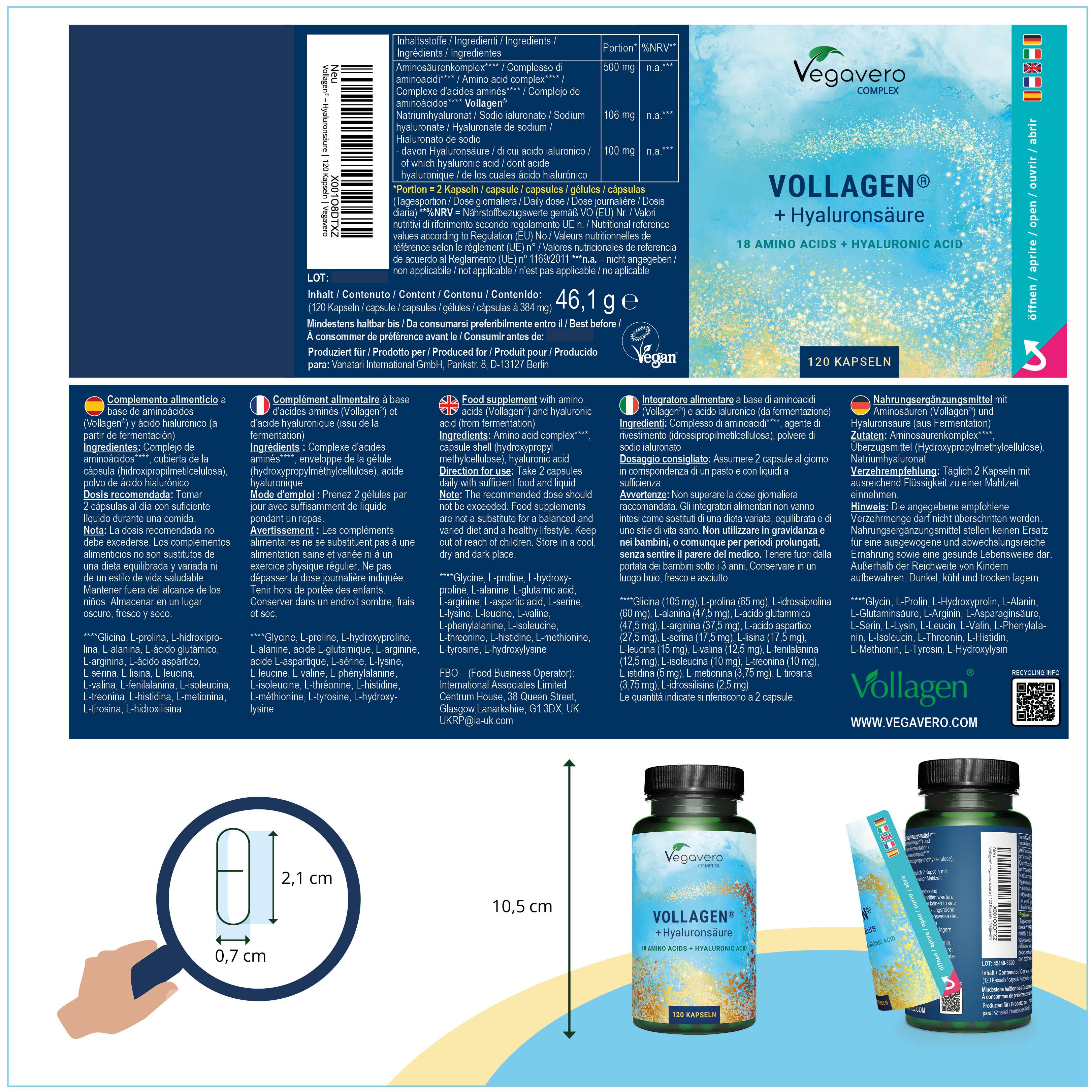Produktverpackung mit Informationen. Flasche und Kapsel-Größenvergleich. Inhaltsstoffe, Nährwerte, Herstellerangaben. Vegan-Siegel.