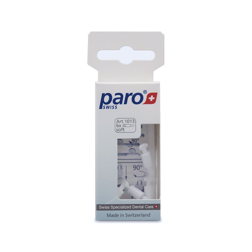 Verpackung mit 6 paro interspace Bürsten, soft. Enthält eine Schutzhülle und einen Haltegriff.