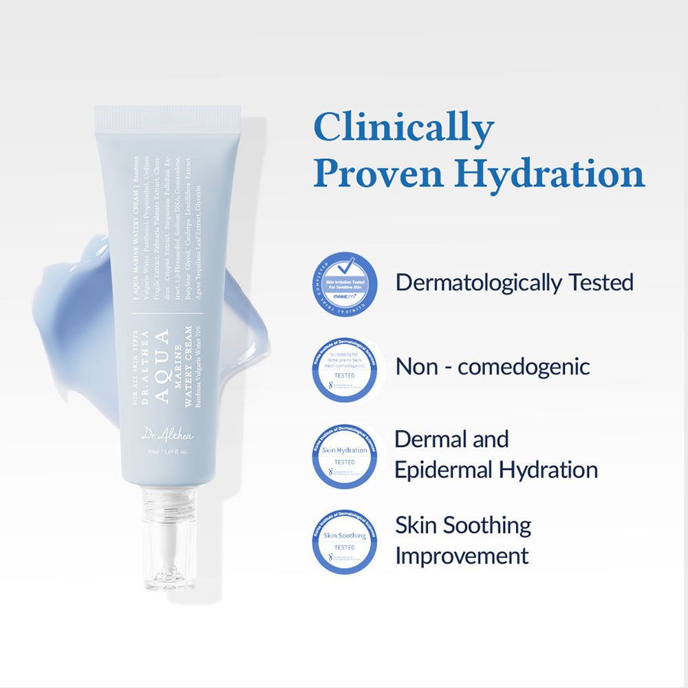 Hellblaue Tube mit Produkt. Produktname: Aqua Marine Watery Cream. Text: Dermatologisch getestet, nicht komedogen. Marke: Dr. Althea.