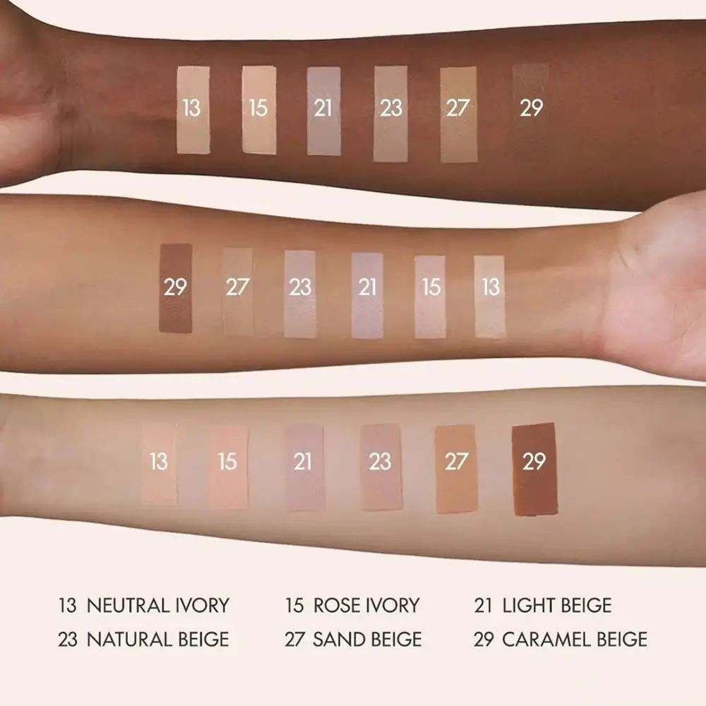 Drei Arme mit Farbmustern von Wonder Releaf Centella BB Cream. Farbtöne: 13, 15, 21, 23, 27, 29. Text: Farbnamen.