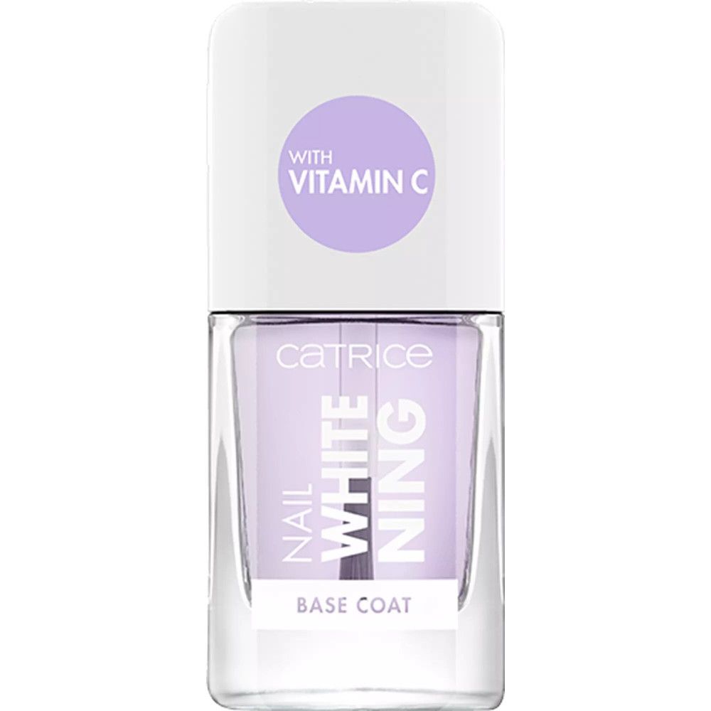 Catrice Nail Whitening Base Coat. Flasche mit lila Flüssigkeit, weißem Deckel und Aufschrift.