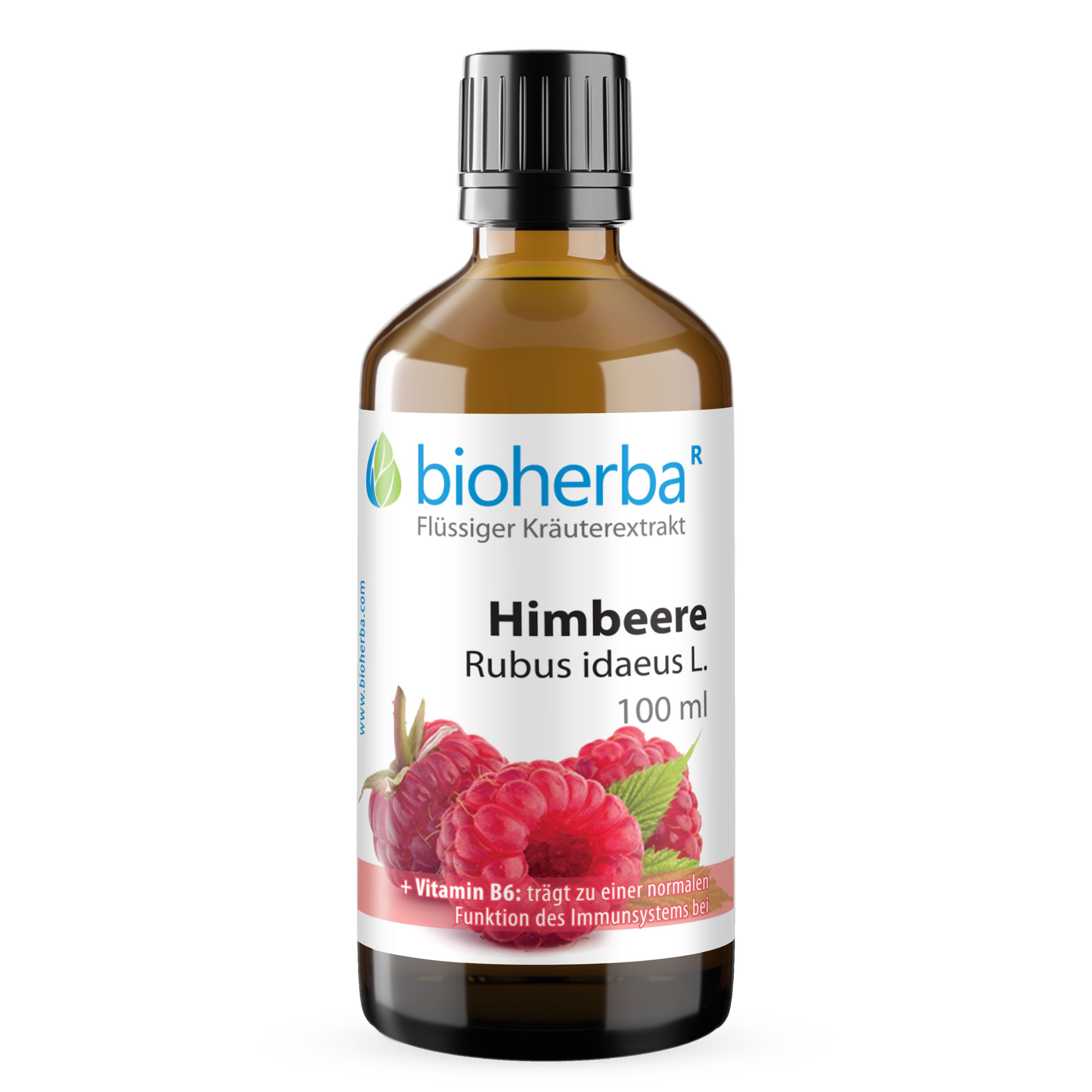 Braune Glasflasche mit schwarzem Deckel. Etikett mit Produktname, Himbeeren-Illustration und Markenlogo. 100 ml.
