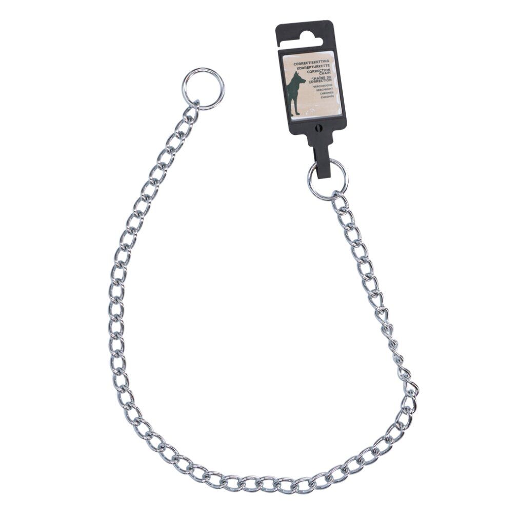 Verchromte Kette mit Ring und Anhänger. Metallkette, 3,5 mm x 70 cm. Schwarzer Anhänger mit Silhouette.