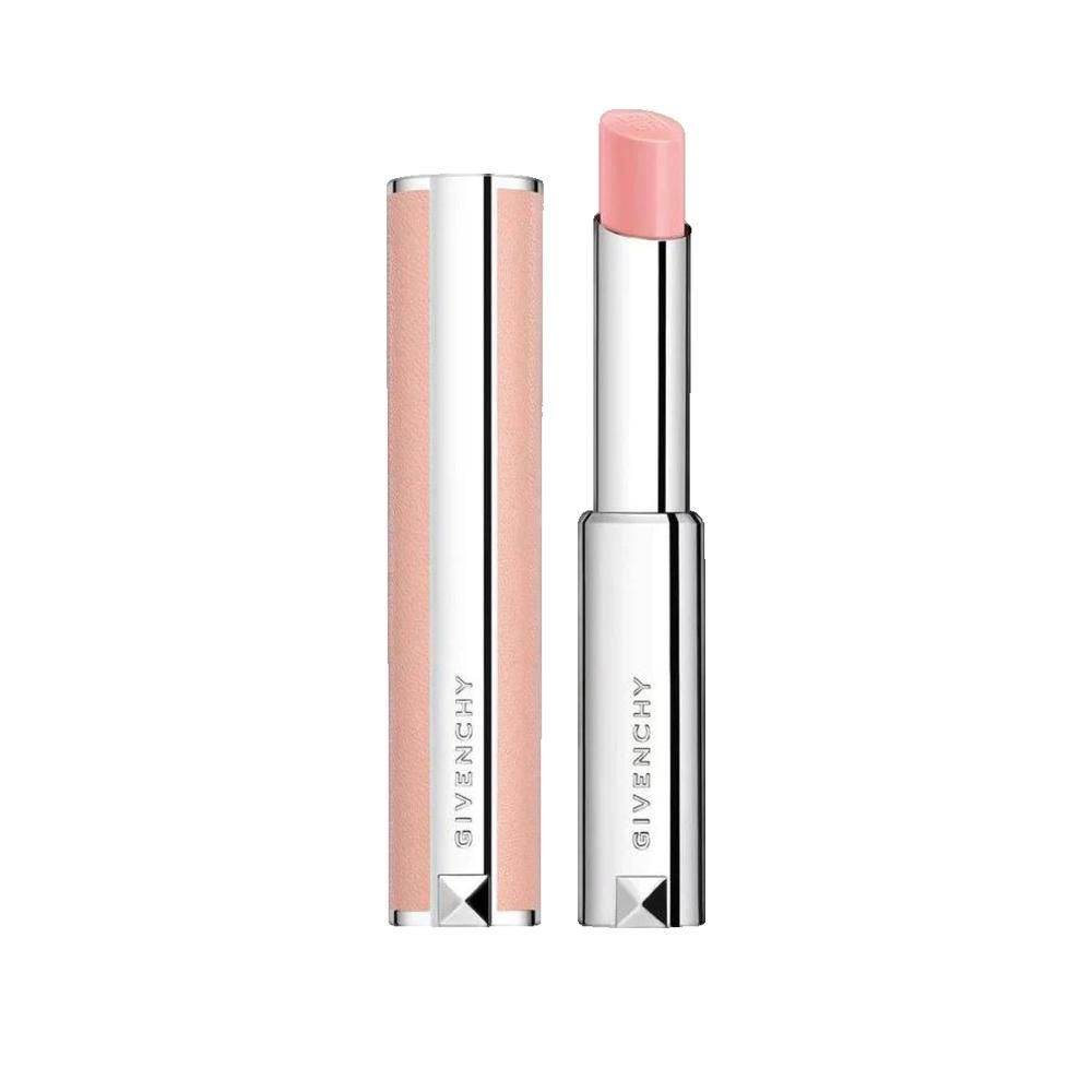 Lippenpflegestift mit rosa Lippenstift. Silberne Hülse mit rosa Akzenten. Aufschrift Givenchy.