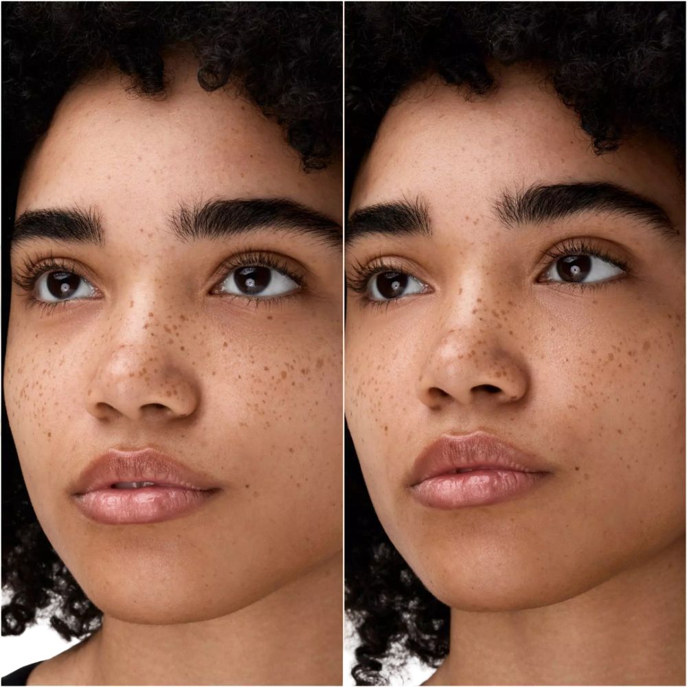 Gesicht einer Frau. Links: ungeschminkt. Rechts: geschminkt. Augenpartie mit Concealer.