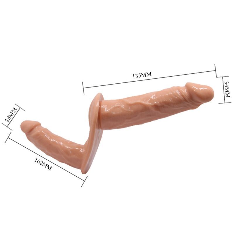 Beigefarbener Doppel-Dildo mit Größenangaben. Maße: 135mm, 102mm, 34mm und 28mm.