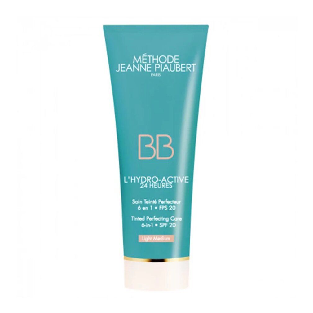 Türkisfarbene Tube mit weißem Deckel. Aufschrift: BB, L'HYDRO-ACTIVE 24 HEURES, SPF 20, Light Medium. Marke: Jeanne Piaubert.