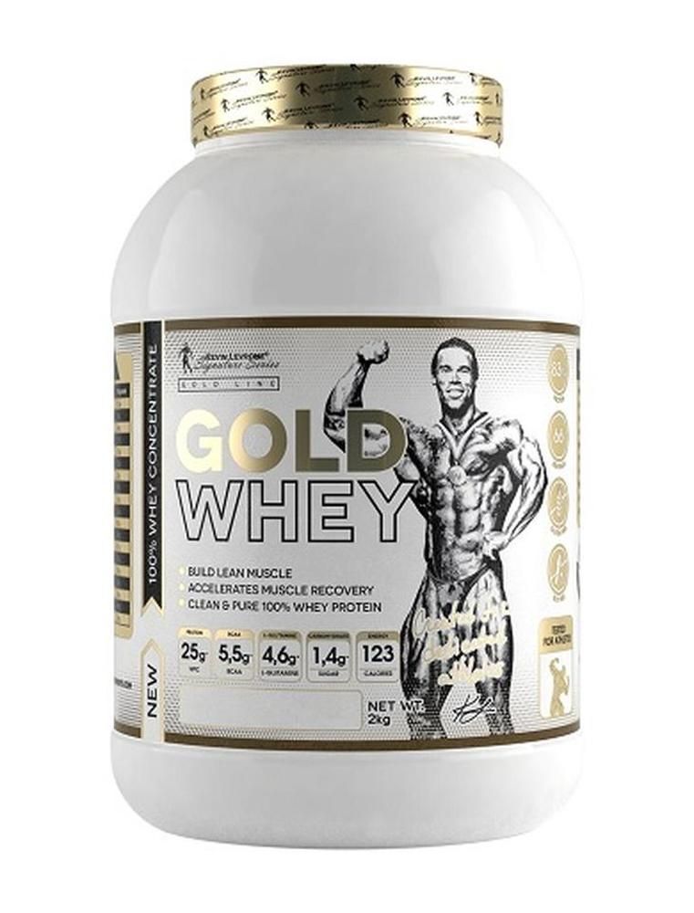 Weiße Dose mit Aufschrift GOLD WHEY. Enthält 100% Whey Konzentrat. Aufdruck mit Angaben zu Nährwerten und einem Athleten.