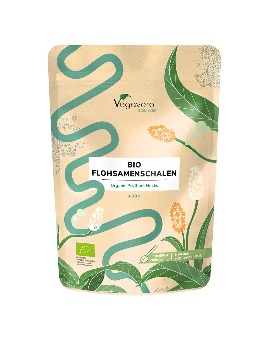 Beutel mit BIO Flohsamenschalen. Marke Vegavaro. Aufdruck: BIO, Flohsamenschalen, 400g. Mit EU-Bio-Siegel.