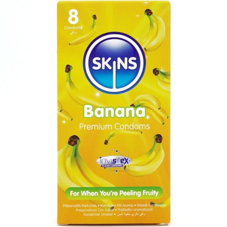 Verpackung mit 8 Kondomen. Gelbe Schachtel mit Bananen-Motiven und dem Logo SKINS. Aufschrift: Banana Premium Condoms.