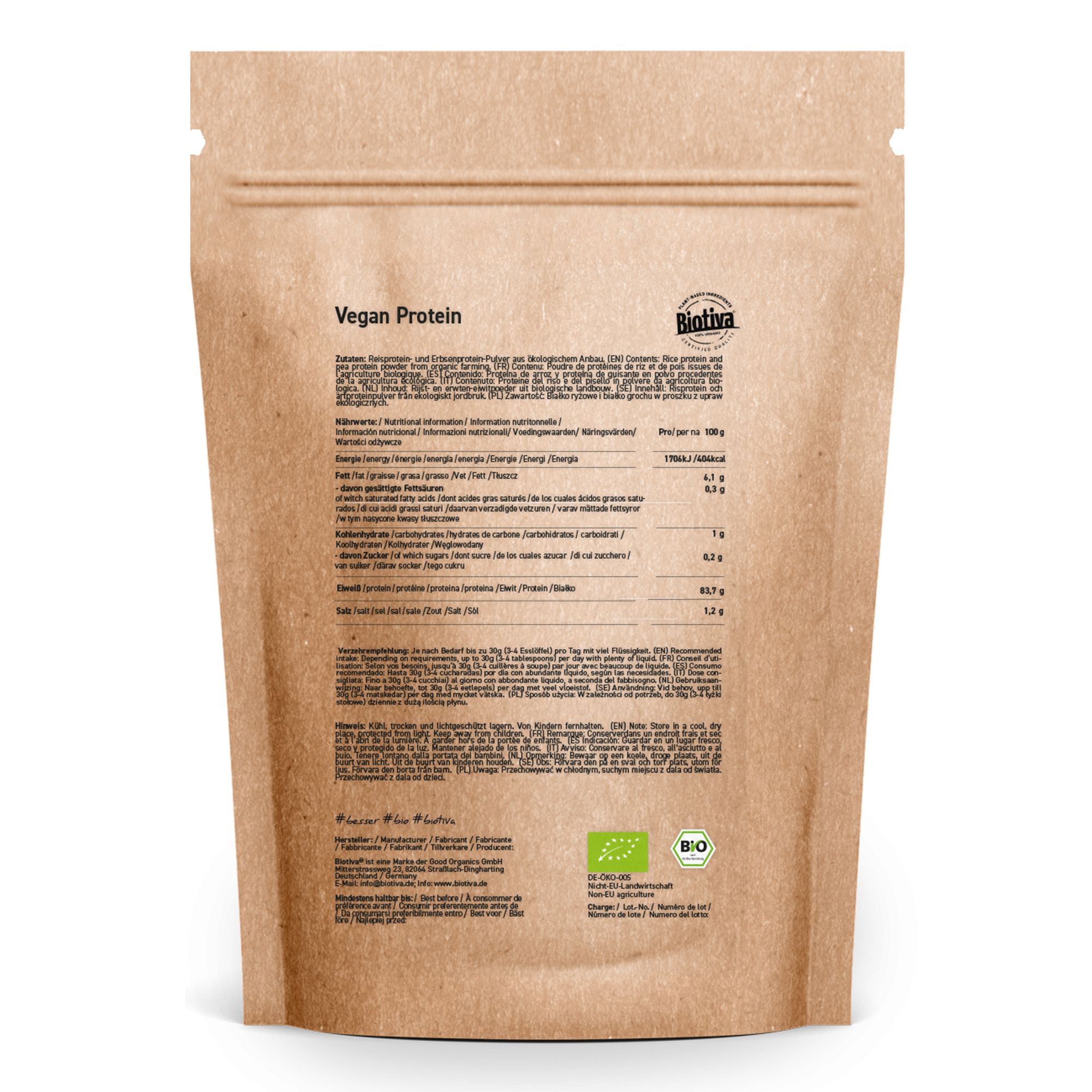 Rückseite der Biotiva Vegan Protein Pulver Bio Verpackung. Enthält Nährwertangaben und Bio-Zertifizierung.