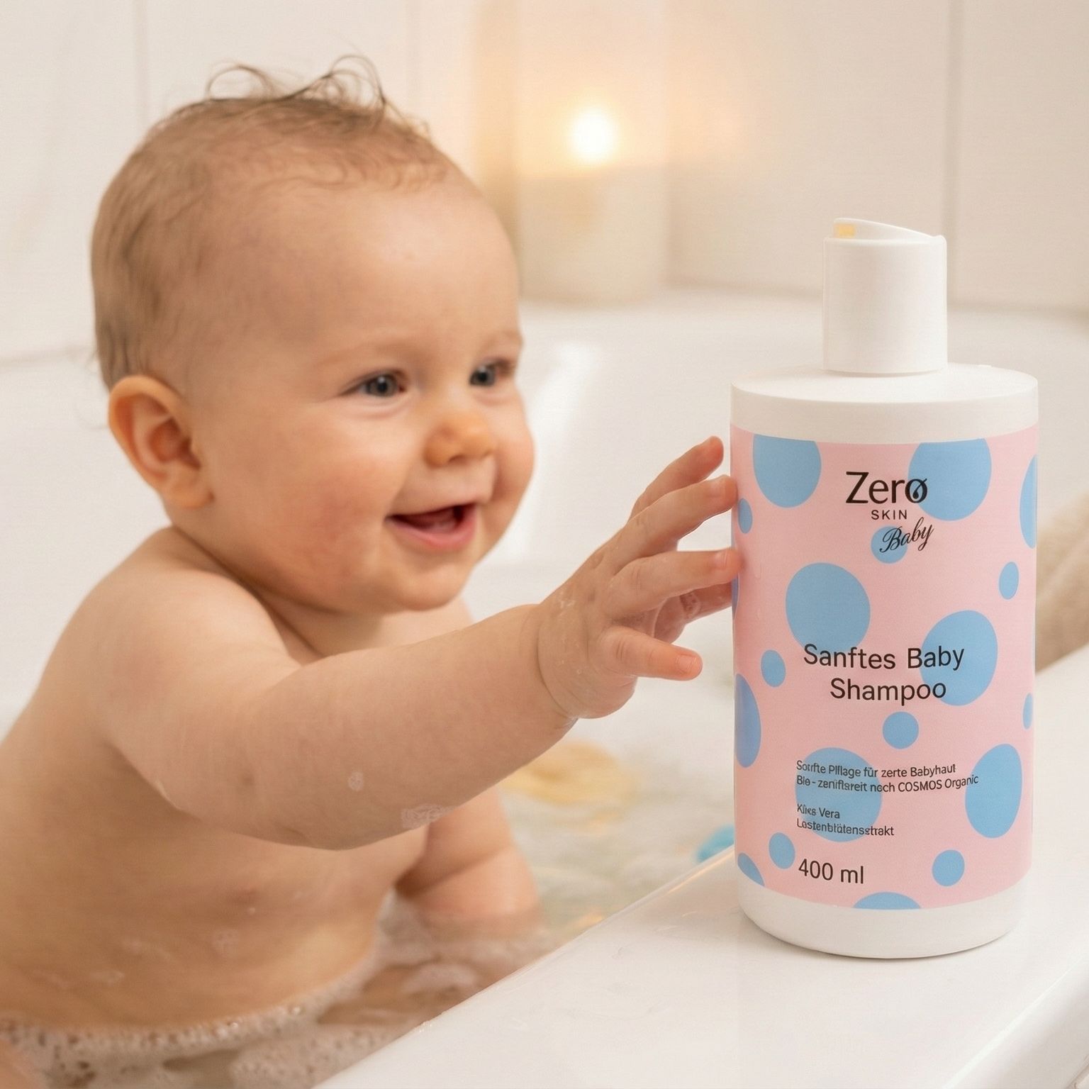 Baby in Badewanne neben Zero Skin Sanftes Baby Shampoo Flasche. Schaum im Wasser.