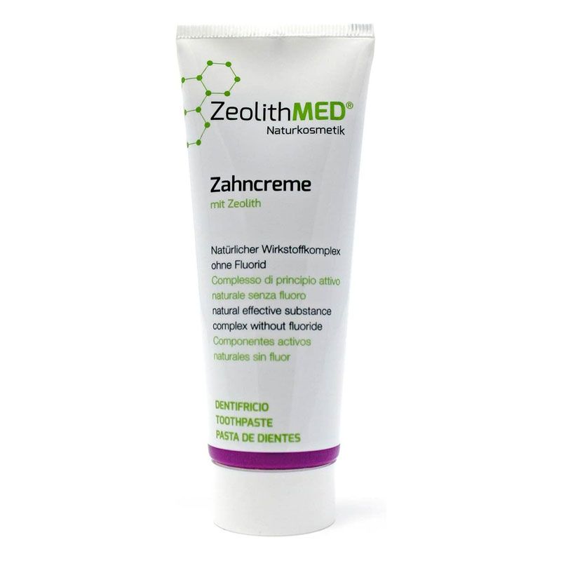 Zahncreme-Tube, weiß, mit grünem Aufdruck. Text: Zeolith MED, Zahnpasta ohne Fluorid. Sichtbare Inhaltsstoffe.