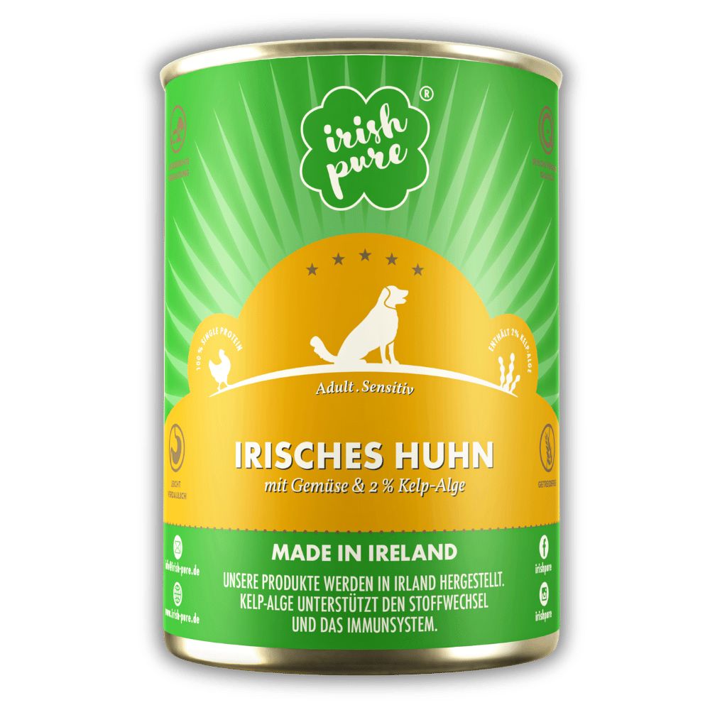 Zusammensetzung von Irish Pure Nassfutter: Rind, Huhn, Gemüse, Kräuter, Kelp-Alge. Gewicht 2,34kg, Kalorien 88 kcal/100g.