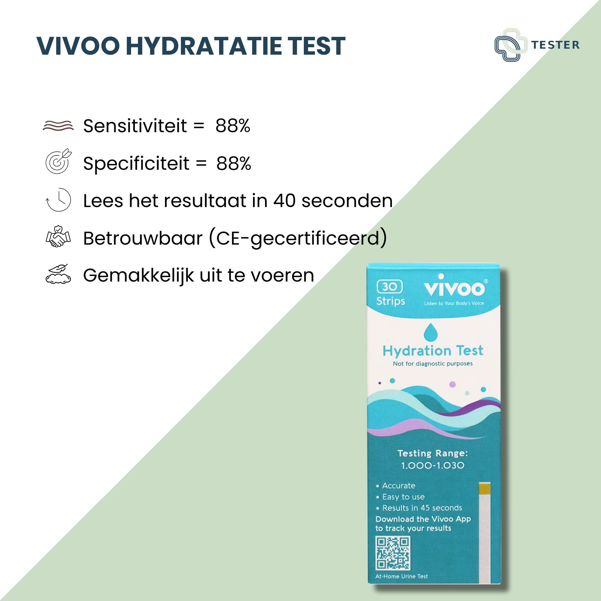 Vivoo Hydrationstest. Packung mit 30 Teststreifen. Blaue und weiße Verpackung mit Produktnamen und QR-Code. Zusätzliche Informationen.
