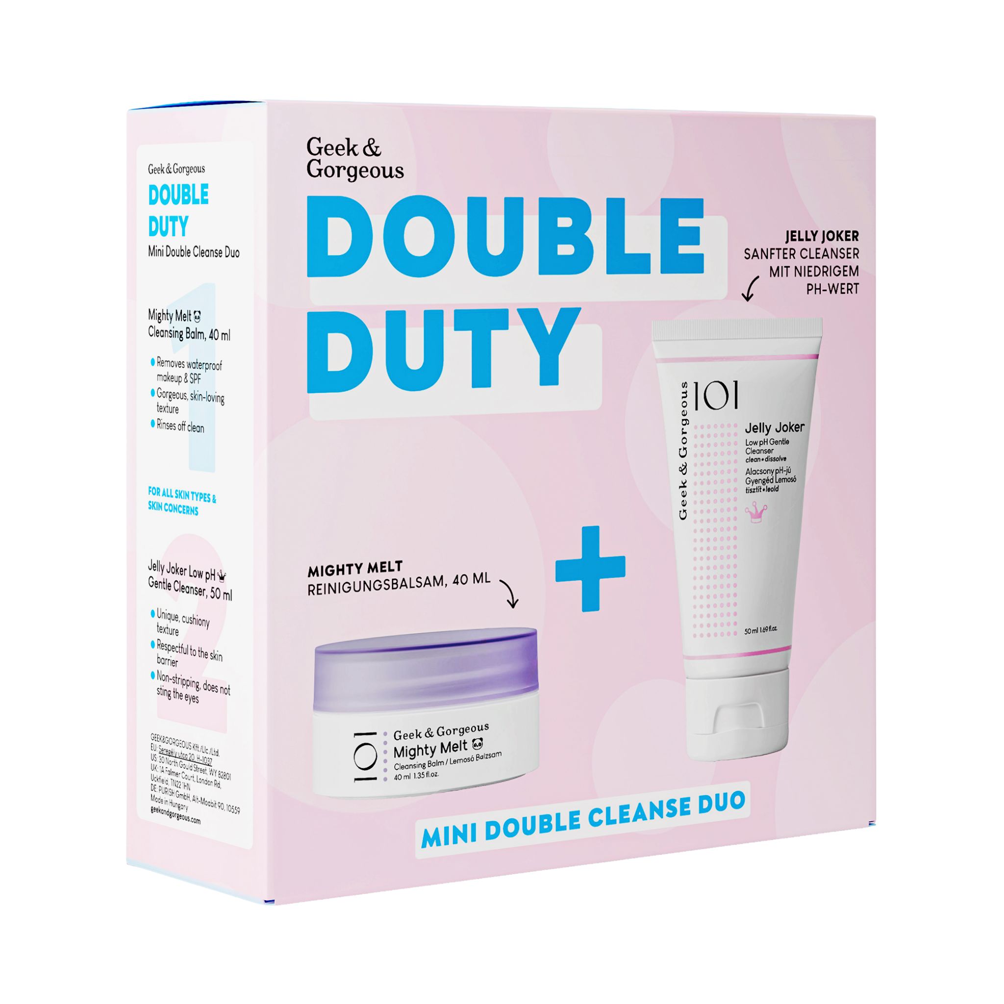 Geek & Gorgeous Double Duty Mini Double Cleanse Duo. Rosa-weiße Verpackung mit Produktnamen und Inhaltsstoffen. Enthält zwei Produkte.