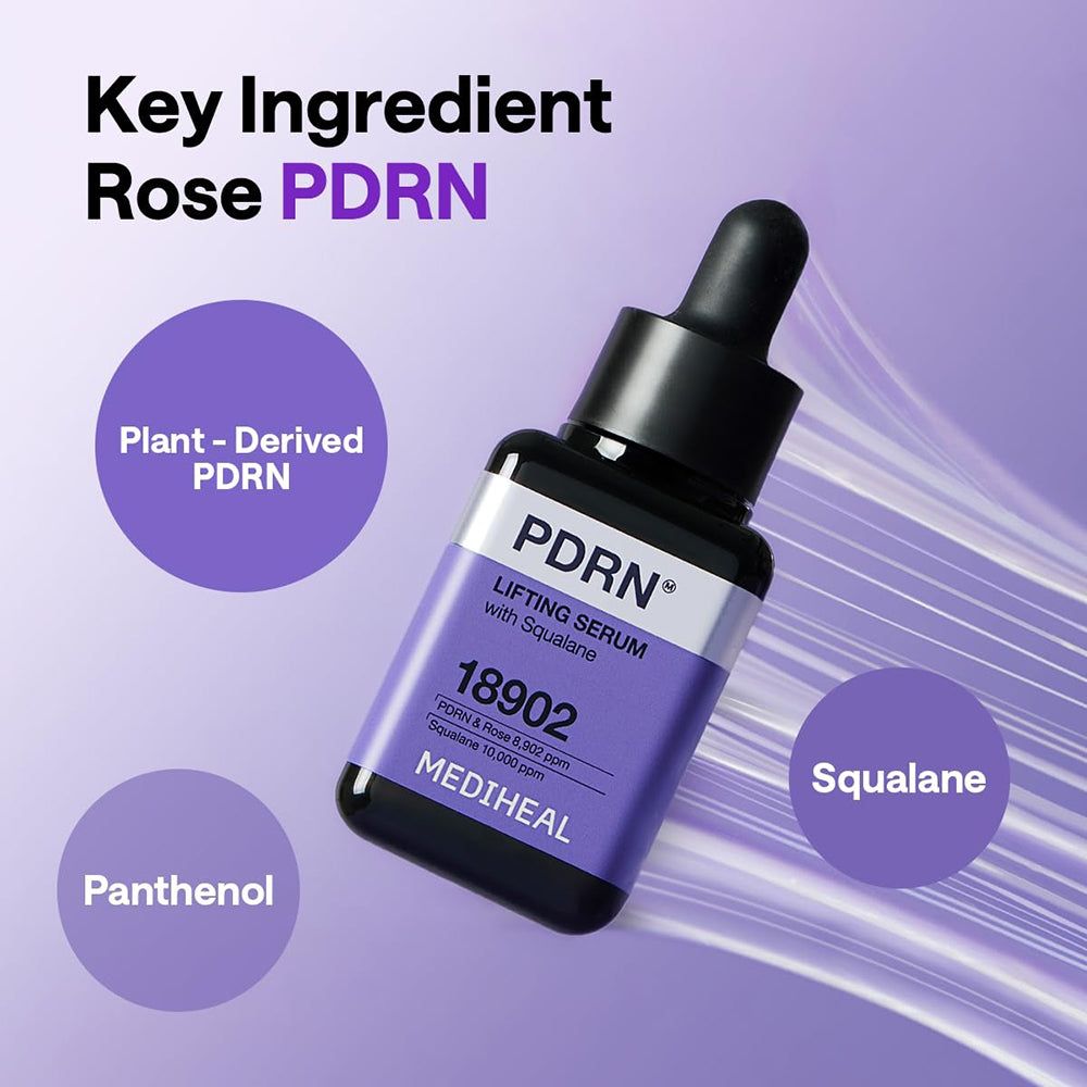 Serumflasche mit schwarzem Deckel. Aufschrift PDRN Lifting Serum with Squalane. Lila Etikett mit Text und Marke MEDIHEAL.