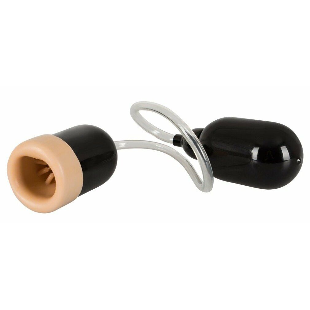 Masturbator mit Pumpball und Noppen. Schwarz und beige. Mit Verbindungsschlauch. Noppen im Inneren.